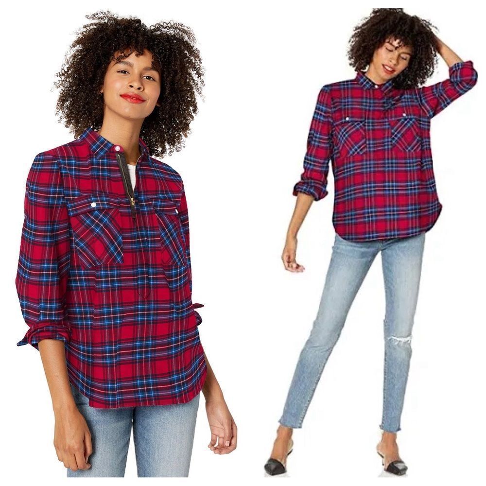 J. Crew Mercantile Plaid Zip Pullover Shirt Small Oversized Red